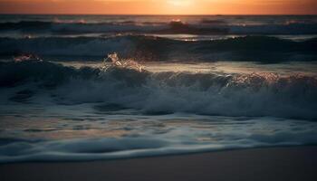 Sunset over the tranquil seascape, waves breaking in motion generated by AI photo