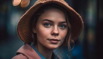 joven adulto mujer, retrato de belleza, mirando a cámara, al aire libre generado por ai foto