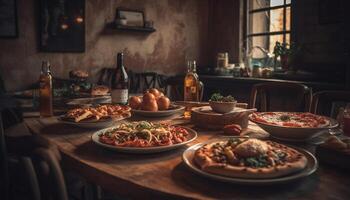 Healthy homemade vegetarian meal on rustic wooden table with fresh ingredients generated by AI photo