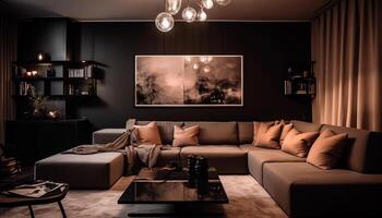 Luxury modern apartment with comfortable sofa, elegant design, and electric lamp generated by AI photo