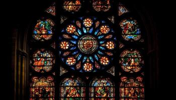Stained glass window in gothic cathedral illuminates spirituality and history generated by AI photo