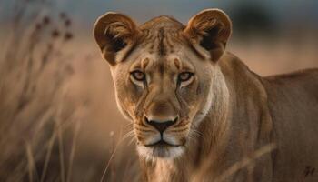 Majestic lioness staring at camera in African wilderness at sunset generated by AI photo