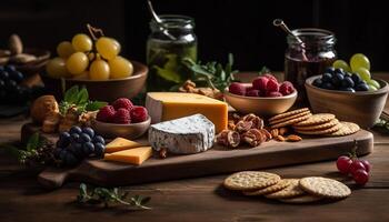 Fresco Fruta y queso plato en rústico madera mesa antecedentes generado por ai foto