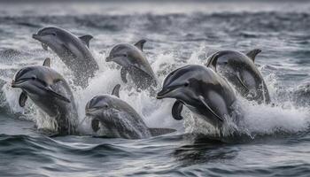 juguetón delfines saltando en el azul mar, disfrutando verano divertido generado por ai foto