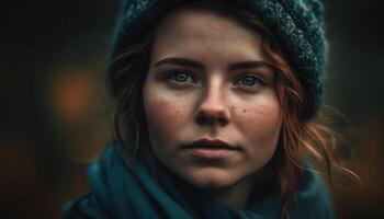 Young woman in warm clothing looking at camera with elegance generated by AI photo