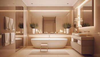 lujo moderno baño diseño con elegante bañera y brillante Encendiendo generado por ai foto
