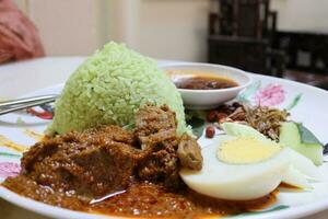 Coconut steam nasi lemak beef rendang chicken berampa fried set half boil egg petai sambal sauce peanut anchovy photo