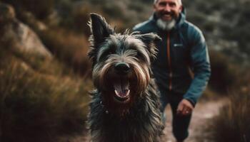 Smiling man and his purebred terrier enjoy nature together outdoors generated by AI photo