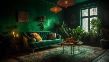 lujo moderno vivo habitación con cómodo Sillón y elegante decoración generado por ai foto