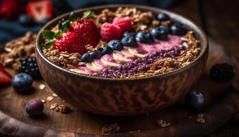 Fresh berry parfait with granola, yogurt, and honey drizzle generated by AI photo