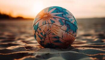 Sunset sphere on sandy beach, symbol of tropical Christianity generated by AI photo