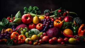 Fresh healthy vegetables and fruits in a colorful autumn basket generated by AI photo