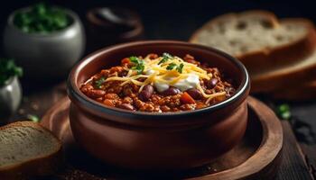 Homemade gourmet stew with meat, vegetables, and fresh bread generated by AI photo