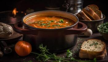 Rustic vegetable stew with beef, pumpkin, and fresh herbs generated by AI photo