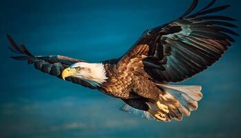 Majestic bird of prey, bald eagle, soaring in mid air generated by AI photo