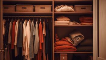 Fashionable clothing collection hanging elegantly on modern coathangers in closet generated by AI photo