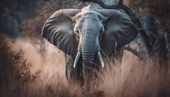 African elephant walking in the wild with selective focus generated by AI photo