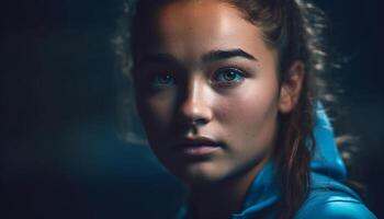 Beautiful young woman with brown hair looking at camera outdoors generated by AI photo