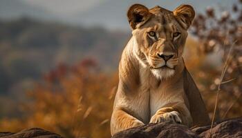 Majestic lion resting in the grass, looking at camera generated by AI photo