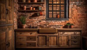 rústico florero en moderno estante agrega elegancia a Doméstico cocina generado por ai foto