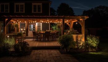 Luxury modern table illuminated by lanterns in a formal garden generated by AI photo