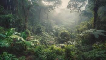 tropical selva misterio mojado helechos, oscuro árboles, y escalofriante niebla generado por ai foto