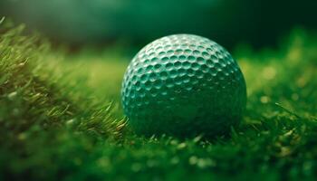 brillante verde golf pelota en brillante poniendo verde, Listo a golpe corto generado por ai foto