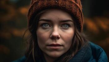 Young woman in warm knit hat smiling in autumn forest generated by AI photo