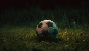 éxito en fútbol campeonato con brillante cuero pelota a puesta de sol generado por ai foto