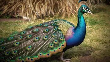 Majestic peacock displays vibrant multi colored feathers in tropical rainforest generated by AI photo