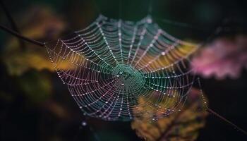 Spinning web traps dew drop, showcasing spider beauty in nature generated by AI photo