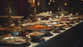 Spicy Indian curry bowl with chili pepper and saffron decoration generated by AI photo