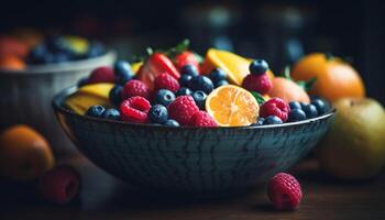 Juicy berry bowl on rustic wood table, perfect summer snack generated by AI photo