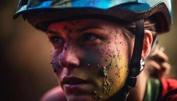 competitivo deporte atleta vistiendo Deportes casco, determinado a ganar carrera generado por ai foto