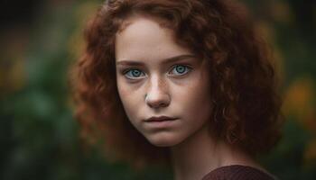 Young adult woman with curly brown hair smiling in nature generated by AI photo