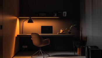 moderno oficina diseño con elegante Encendiendo y cómodo negro Sillón generado por ai foto
