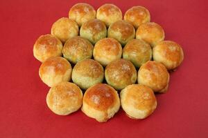 Tambun biscuits small Tau Sar Pneah famous Bukit Tambun Penang delicacies on red background photo
