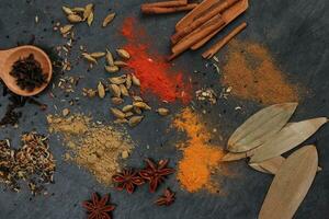 Mix variety spice cinnamon cardamom clove bay leaf wooden chilli cumin turmeric powered on black slate background photo