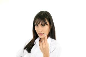 Facial Expression Young Asian woman office attire white background photo