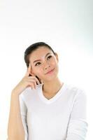 beautiful young south east Asian Chinese finger on head thinking wondering on white background photo