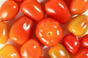 Fresh ripe small shiny red tomato on white background photo