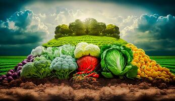 big pile of fresh green and mix colored vegetables in field green plants, photo