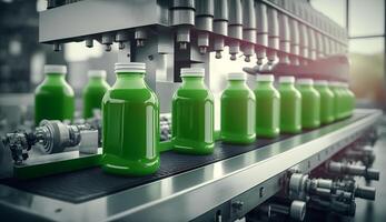 cinturón o línea en Fresco verde bebida con moderno automatizado industrial máquina equipo, embotellado planta y vistoso jugo bebida el plastico botella en fábrica, ai generativo foto