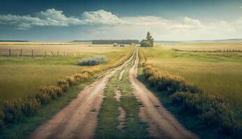 Scenic view of dirt road and grassy field with large cumulus clouds in the sky, photo