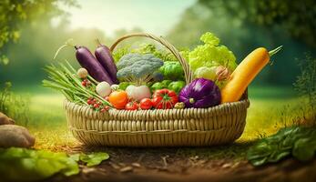 fresh green and mix colored vegetables in big basket in field green plants with agricultural vehical background, photo