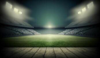 soccer stadium illuminated by spotlights and empty green grass playground, big stadium, photo