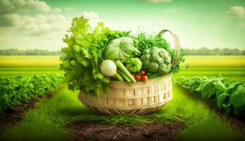 fresh green and mix colored vegetables in big basket in field green plants with agricultural vehical background, photo