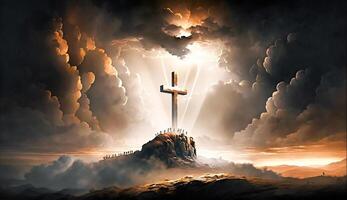 santo cruzar simbolizando el muerte y Resurrección de Jesús Cristo con el cielo terminado Gólgota colina es envuelto en ligero y nubes, ai generativo foto