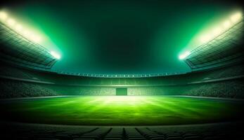 fútbol estadio iluminado por focos y vacío verde césped patio de juegos, grande estadio, generativo ai foto