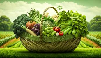 fresh green and mix colored vegetables in big basket in field green plants with agricultural vehical background, photo